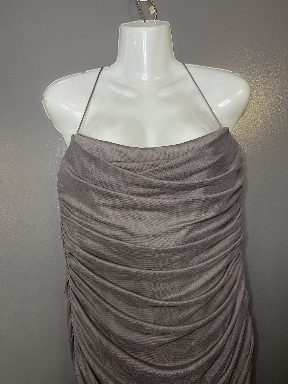 Zara Dress Womens L Gray Mesh Ruched Square Neck Spaghetti Strap Maxi Bodycon